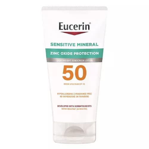 Lotion solaire minérale Eucerin Sun Sensitive FPS 50 à l'oxyde de zinc, hypoallergénique, sans oxybenzone ni octinoxate, tube de 118 ml