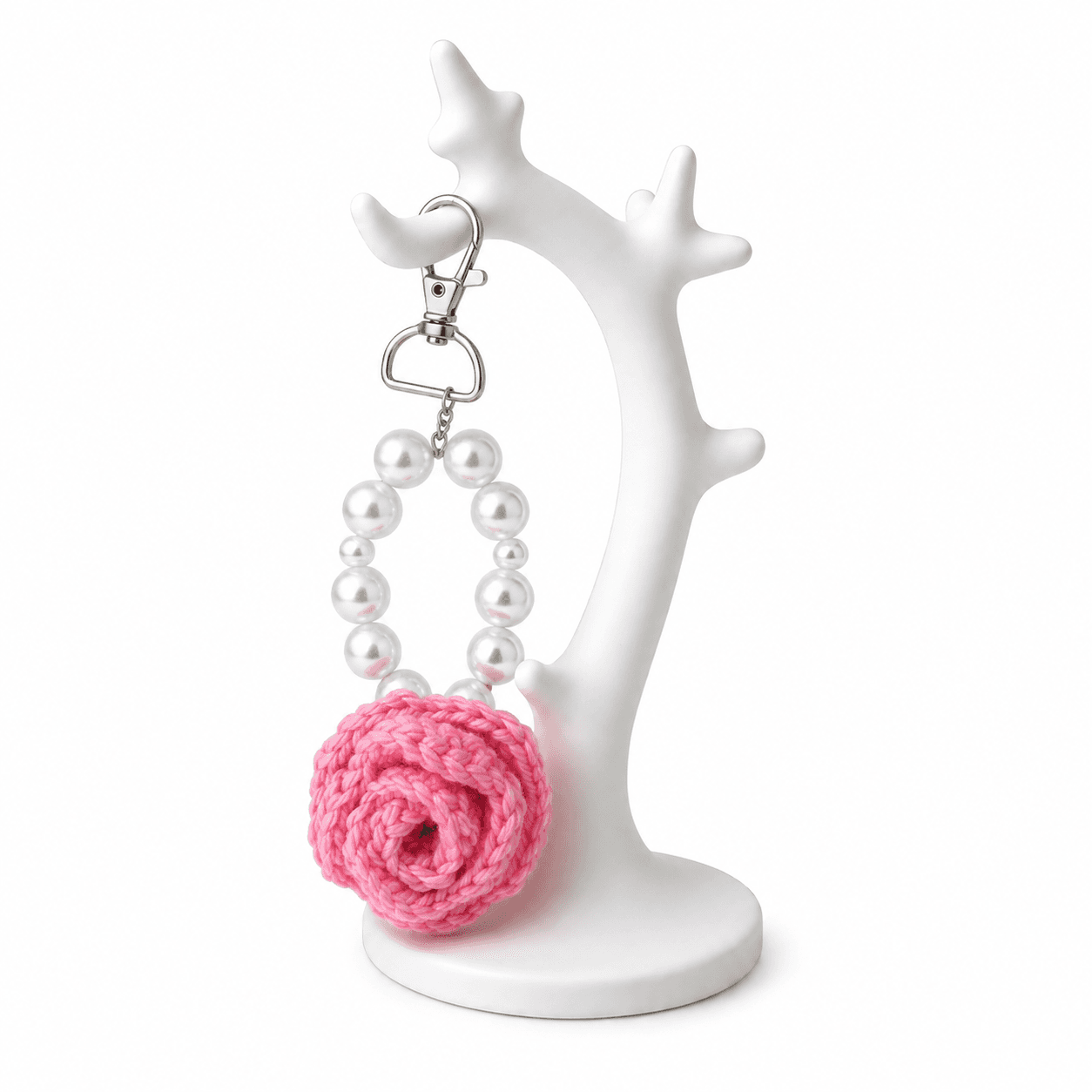 Porte-Clé Fleur Rose en Crochet Fait Main – Bracelet Perlé Élégant