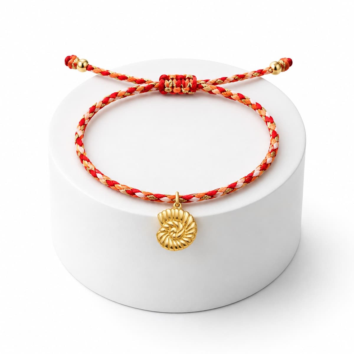 Bracelet Femme Tressé Rouge, Orange & Doré avec Coquillage Nautile – Cordon Réglable