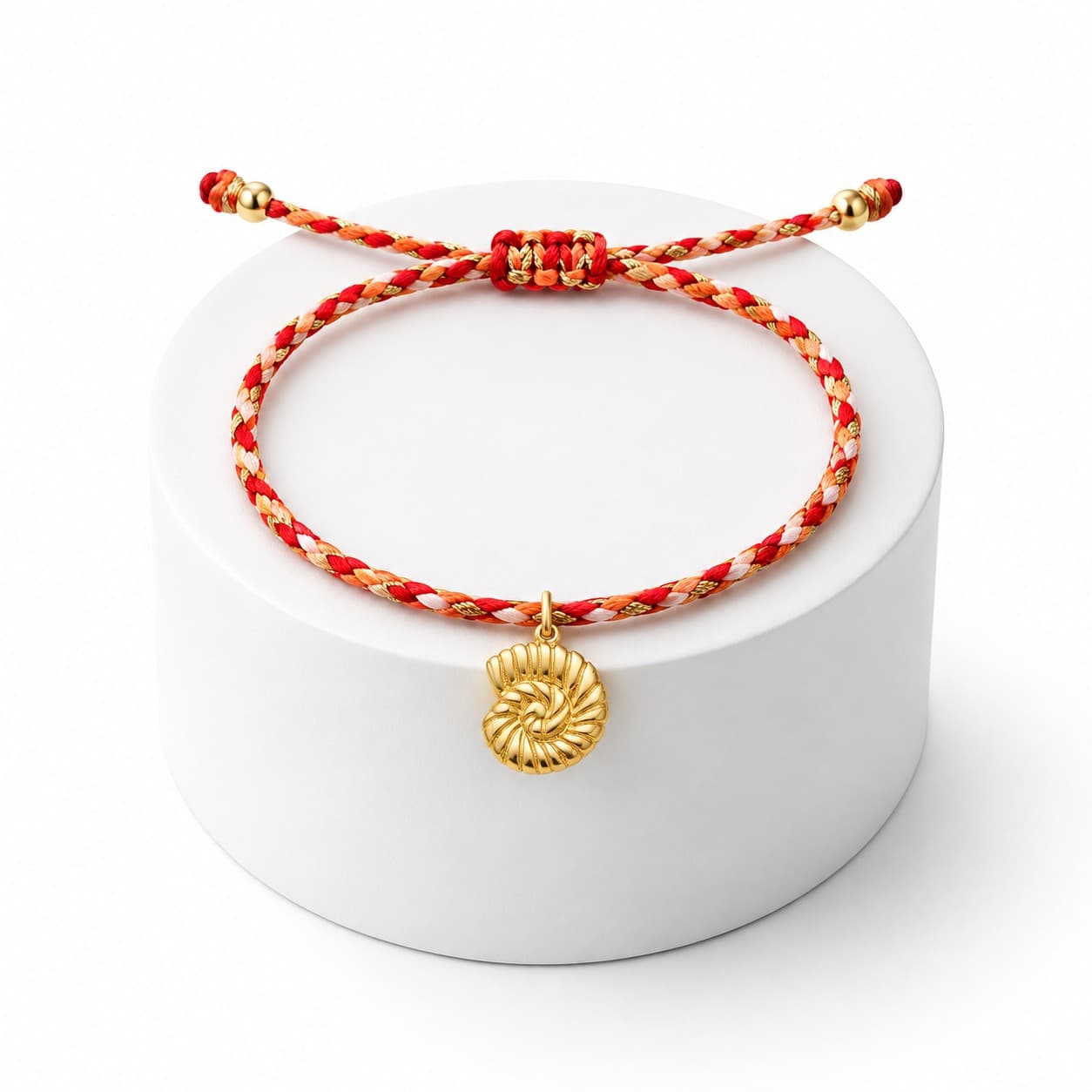 Bracelet Femme Tressé Rouge, Orange & Doré avec Coquillage Nautile – Cordon Réglable