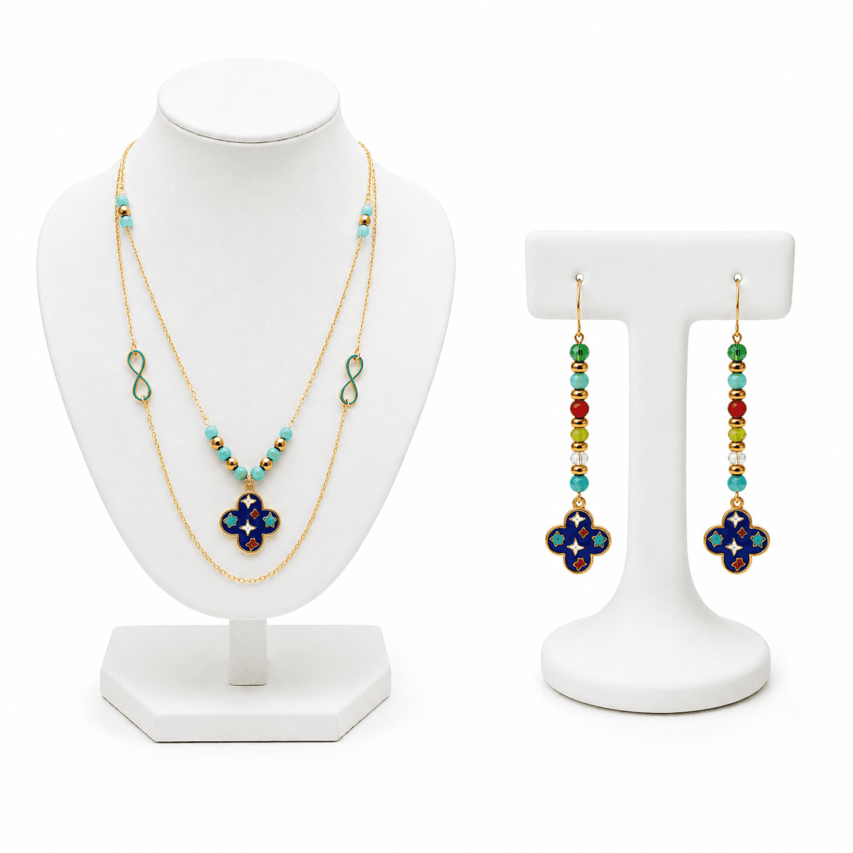 Parure Femme Dorée Bleu & Turquoise – Collier Double et Boucles d’Oreilles