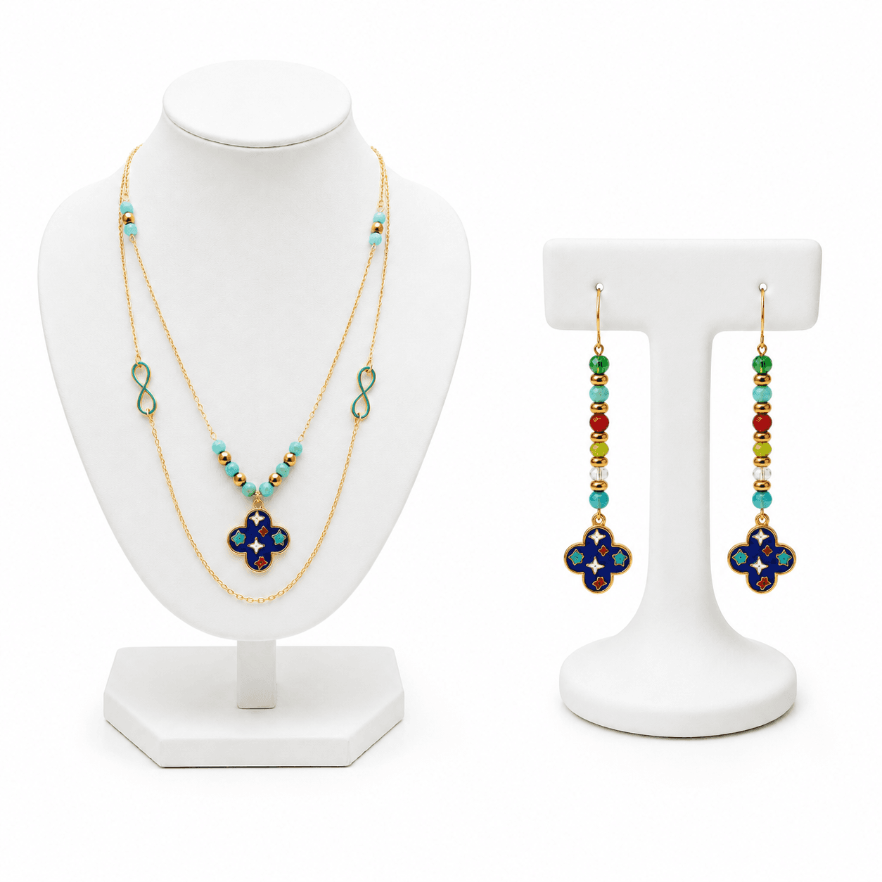 Parure Femme Dorée Bleu & Turquoise – Collier Double et Boucles d’Oreilles