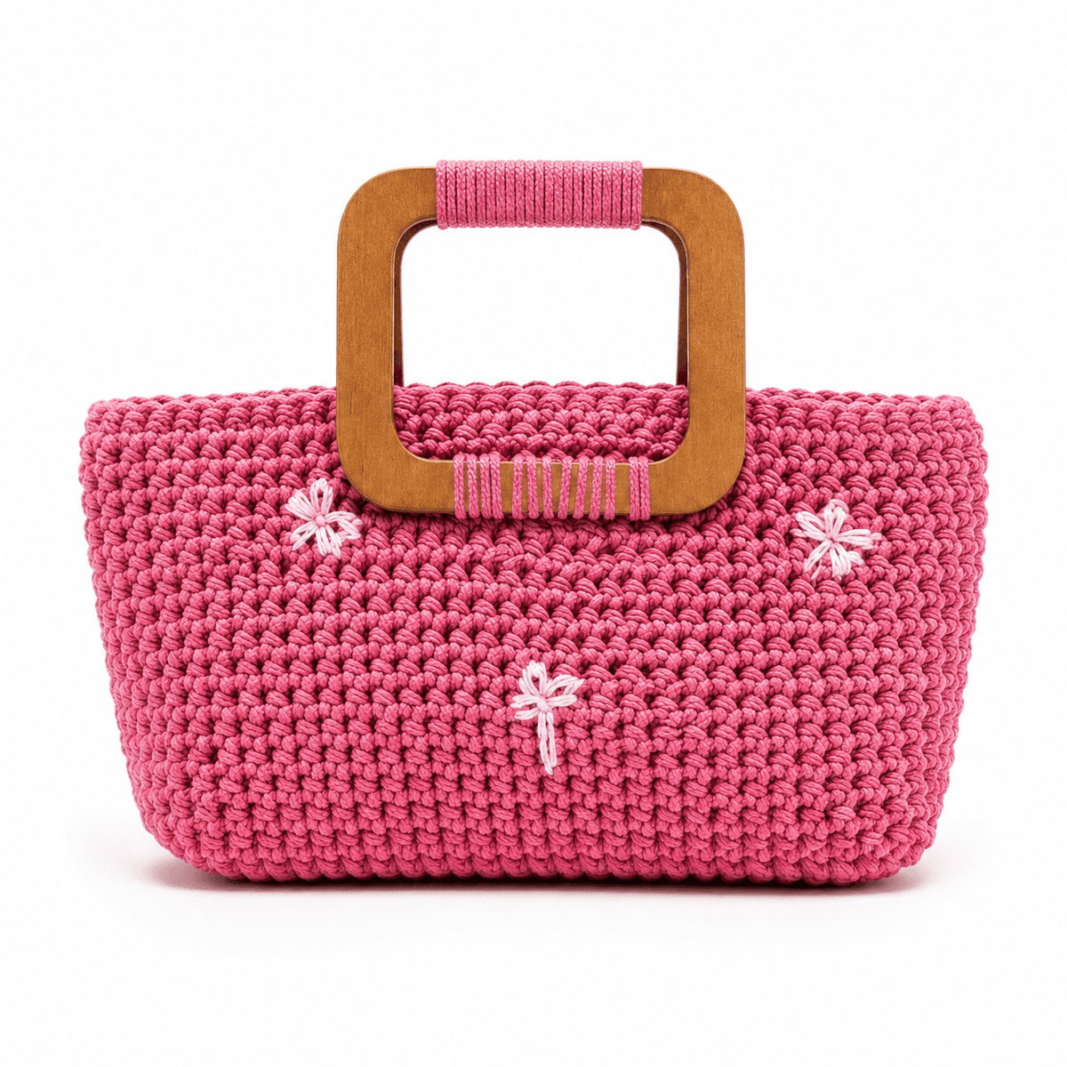 Sac à Main en Crochet Rose Fait Main – Élégance Artisanale avec Anse en Bois