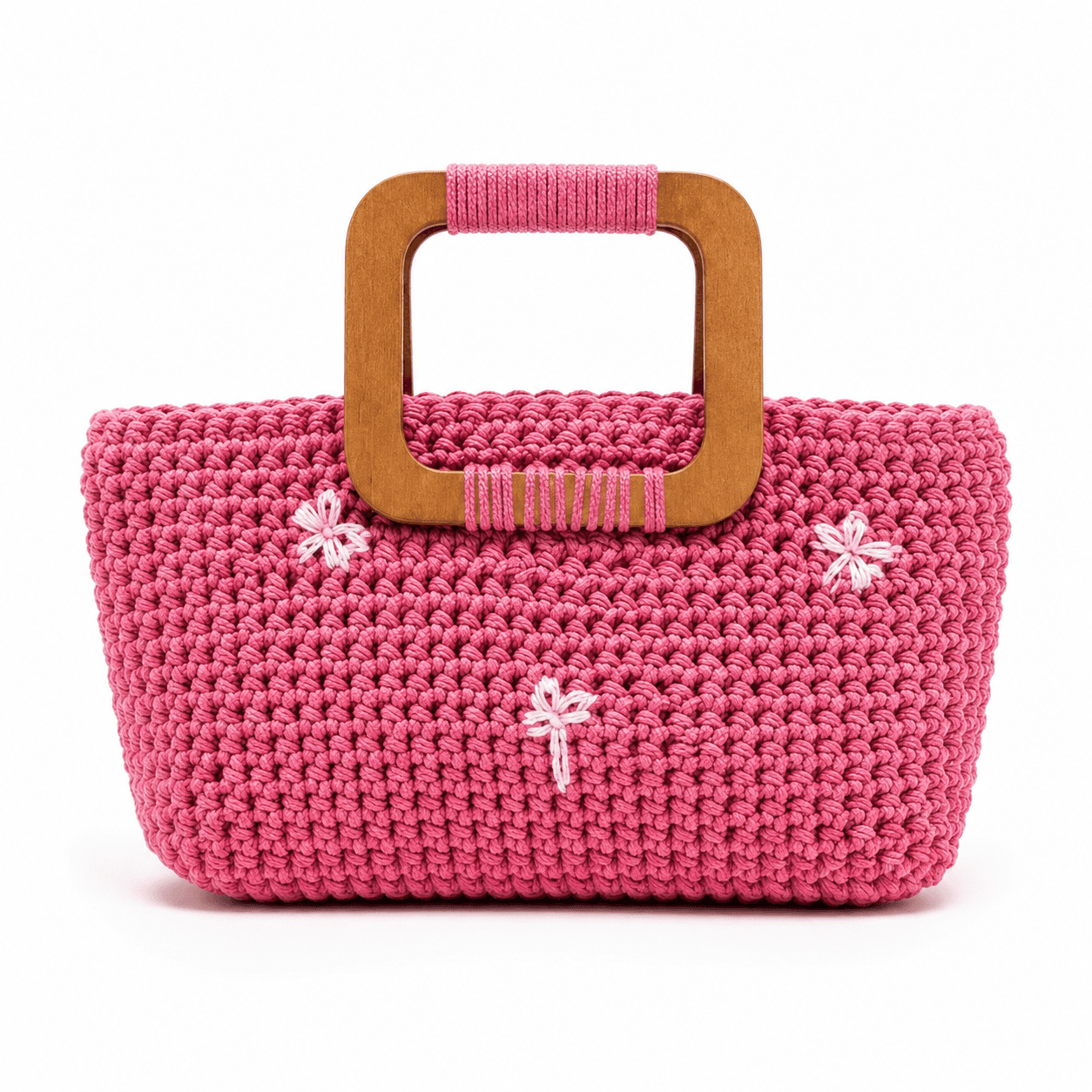 Sac à Main en Crochet Rose Fait Main – Élégance Artisanale avec Anse en Bois