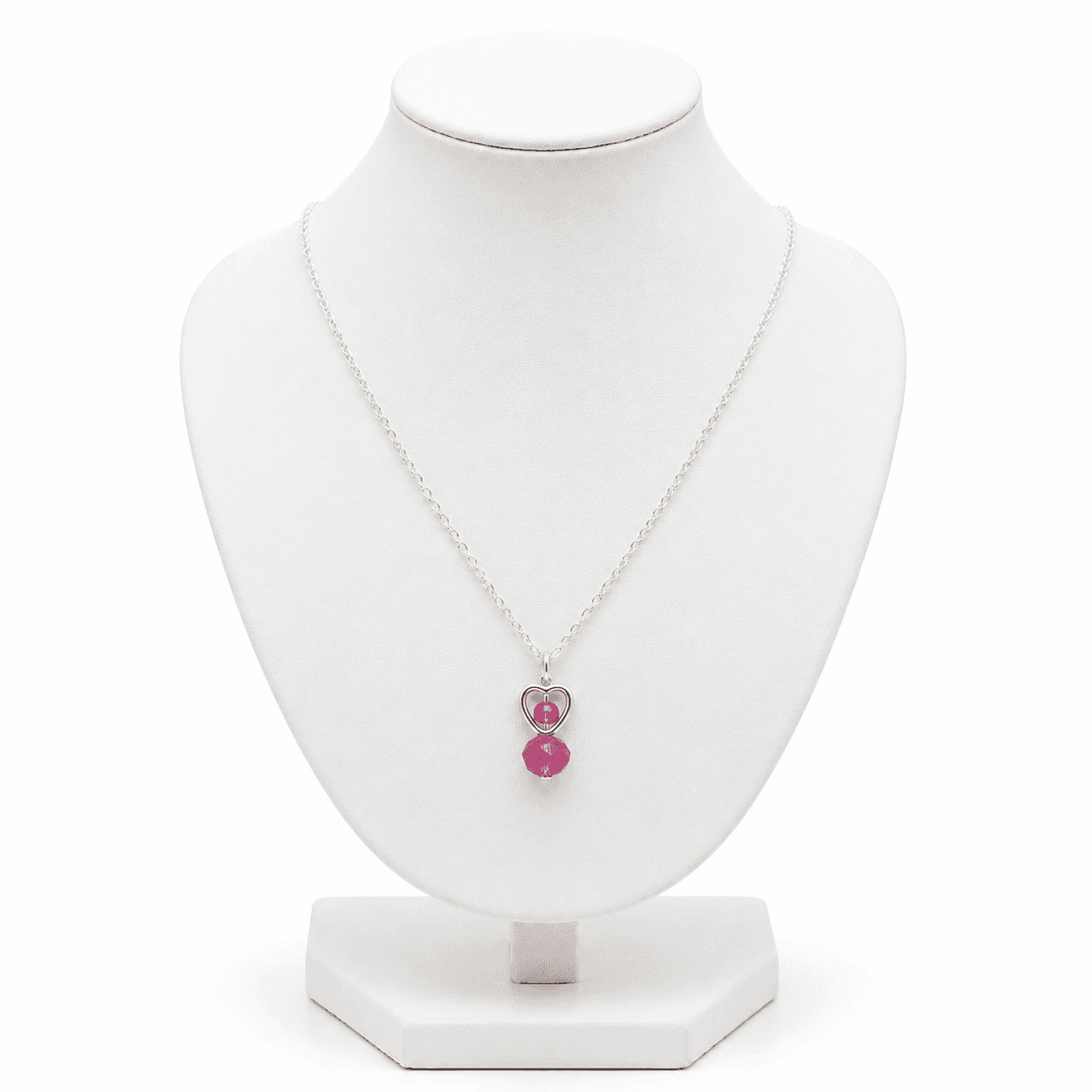 Collier Femme & Fille en Acier Inoxydable avec Cœur et Cristal Rose Fuchsia