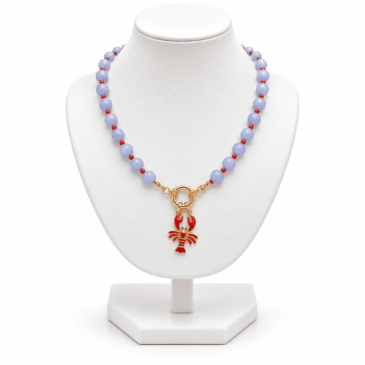 Collier Perles Lavande avec Pendentif Homard Rouge Doré – Bijou Fantaisie Chic Femme