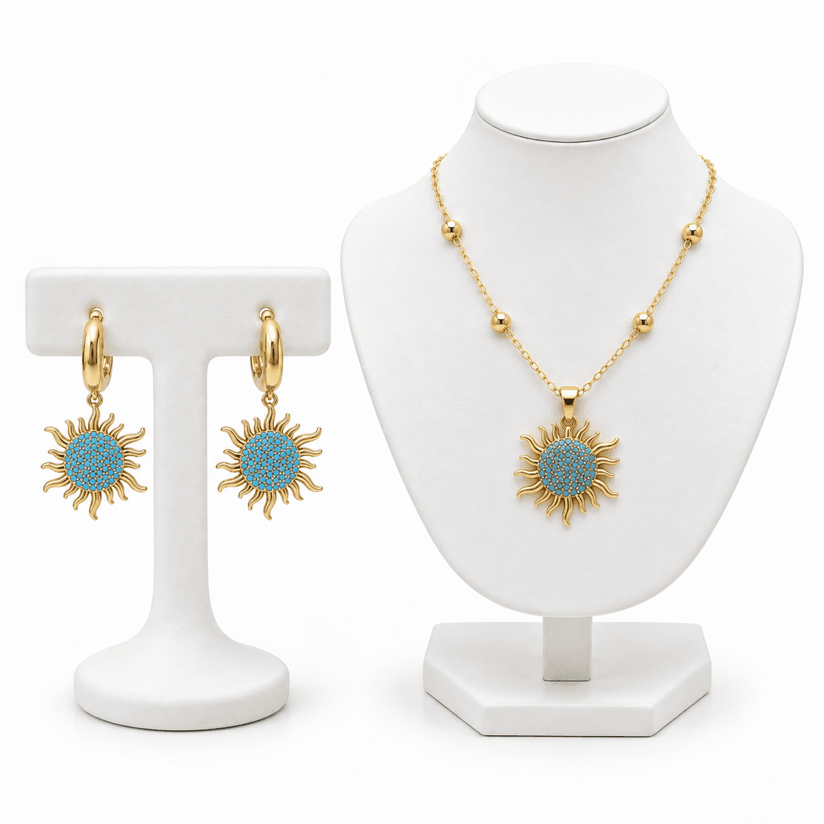 Parure Soleil DorĂ© et Bleu Turquoise â Collier & Boucles dâOreilles ĂlĂ©gantes