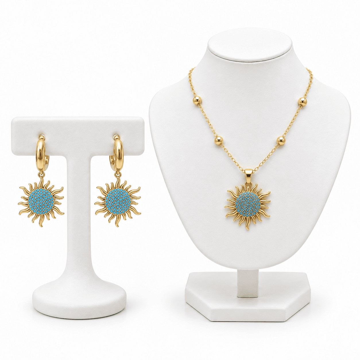 Parure Soleil Doré et Bleu Turquoise – Collier & Boucles d’Oreilles Élégantes