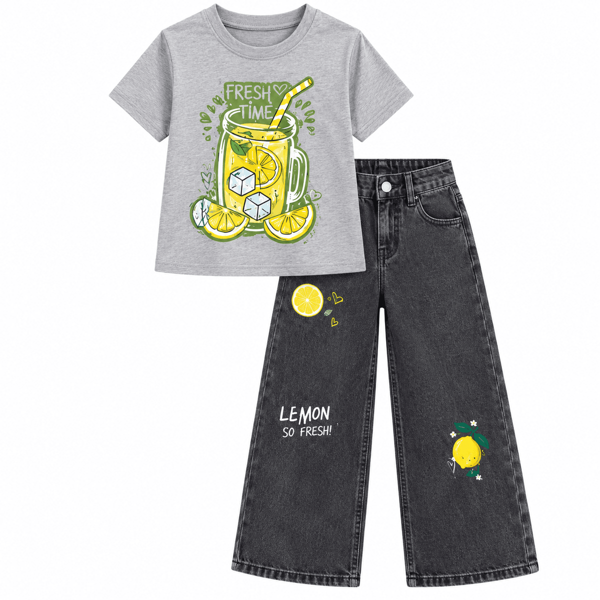 Ensemble Fille T-shirt en Coton et Jean Large Gris à Motifs Citron – Tenue Casual Tendance Enfant
