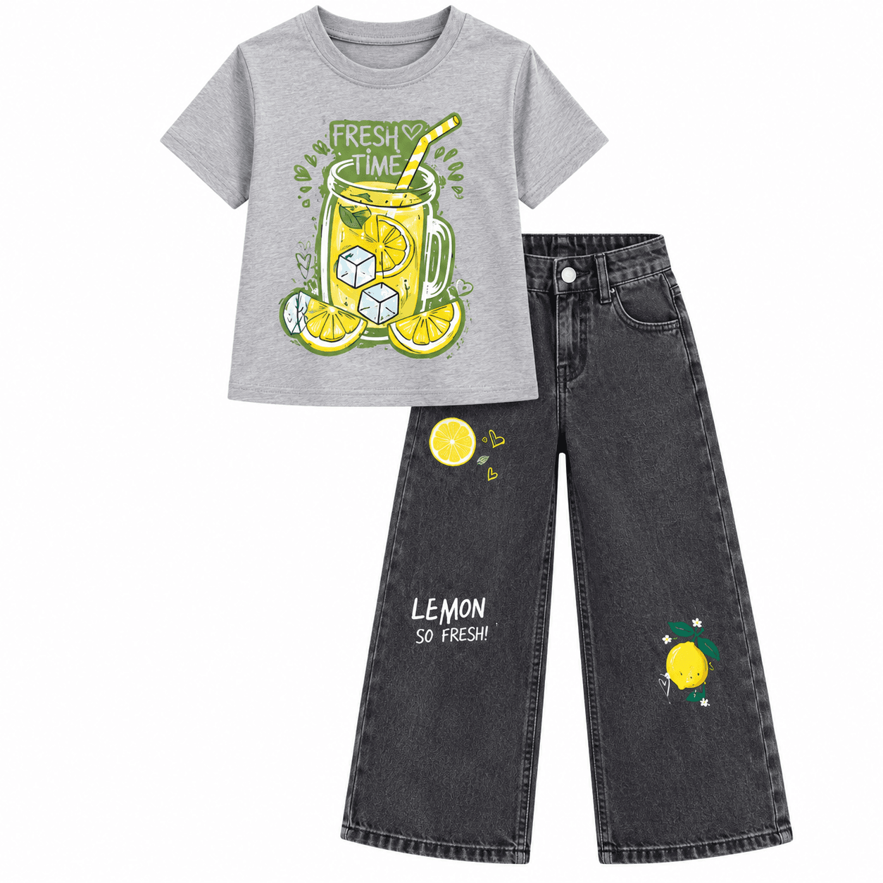 Ensemble Fille T-shirt en Coton et Jean Large Gris à Motifs Citron – Tenue Casual Tendance Enfant