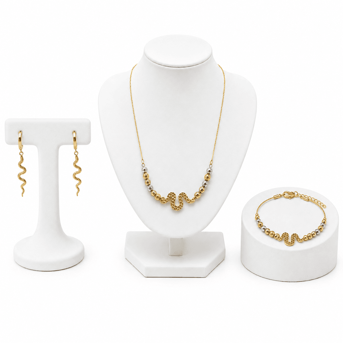 Parure Femme Serpina DorĂ©e â Collier, Bracelet & Boucles dâOreilles Serpent