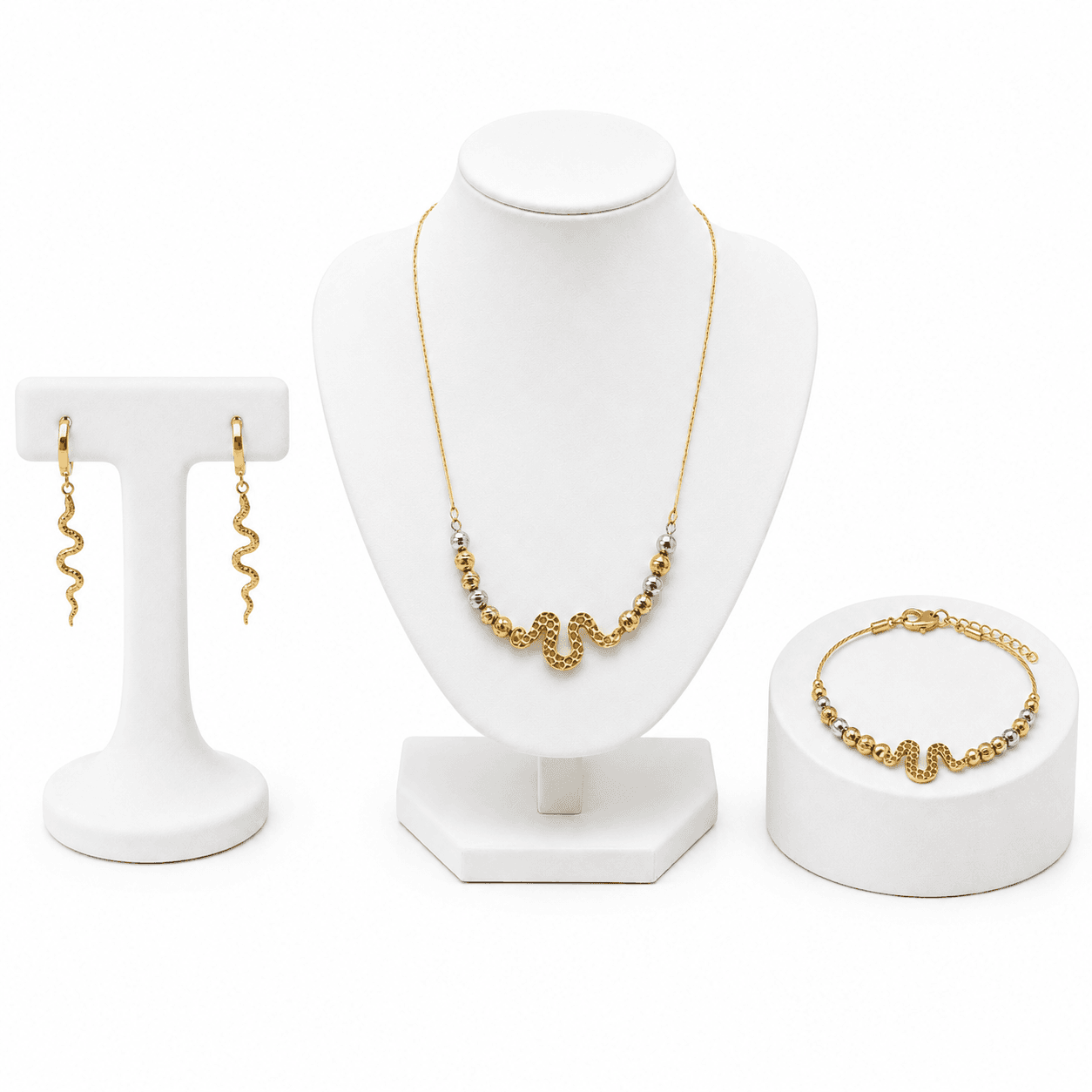 Parure Serpina Femme â Ensemble Bijoux DorĂ©s avec Collier, Bracelet et Boucles dâOreilles