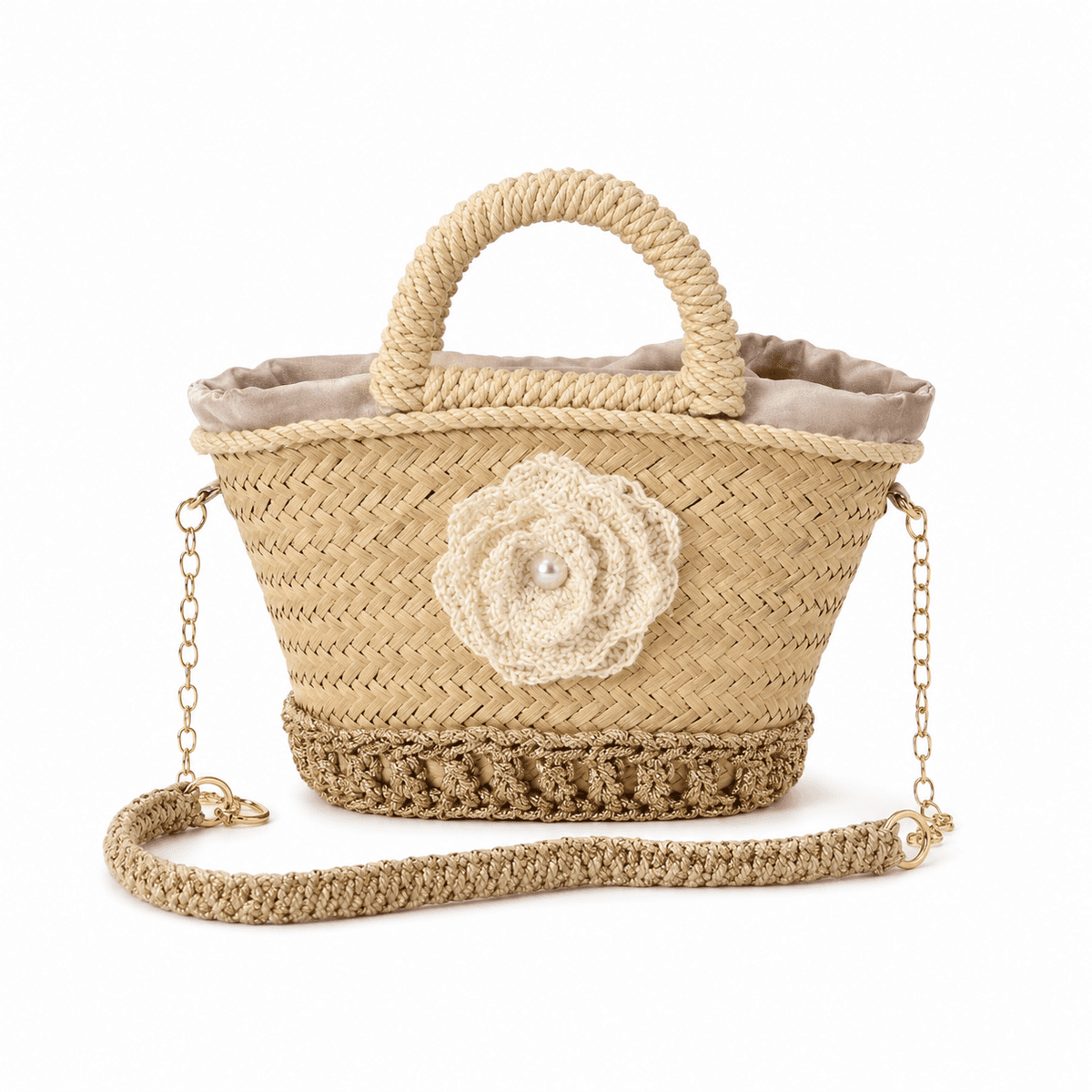 Couffin en Paille Beige Artisanal Femme – Sac Tressé avec Fleur Crochet, Bandoulière & Base en Cuir