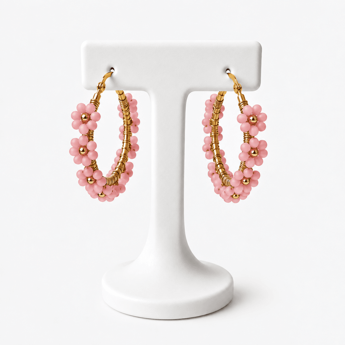 Boucles d’Oreilles Créoles Fleuries Roses Femme – Fleurs en Perles et Acier Inoxydable