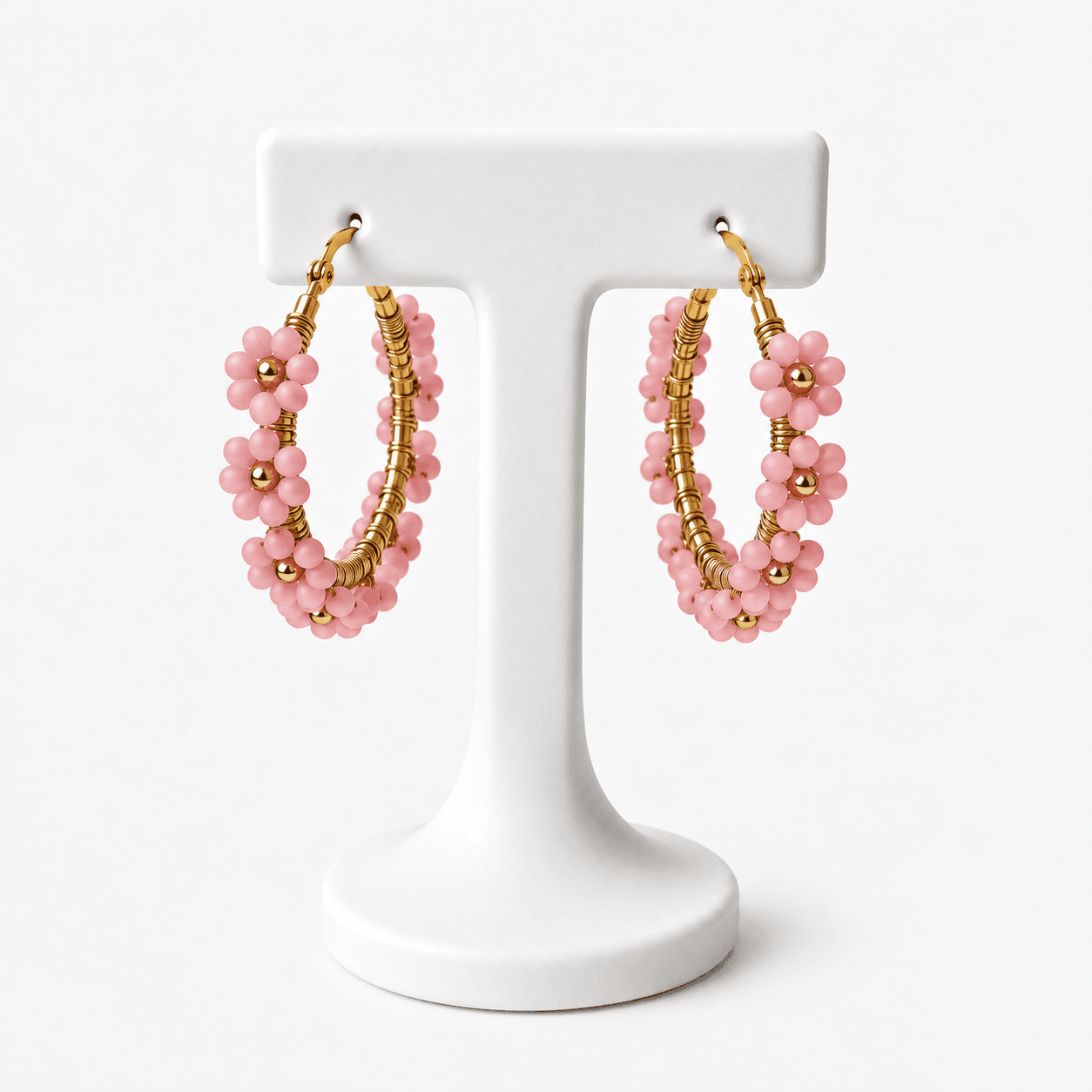 Boucles d’Oreilles Créoles Fleuries Roses Femme – Fleurs en Perles et Acier Inoxydable
