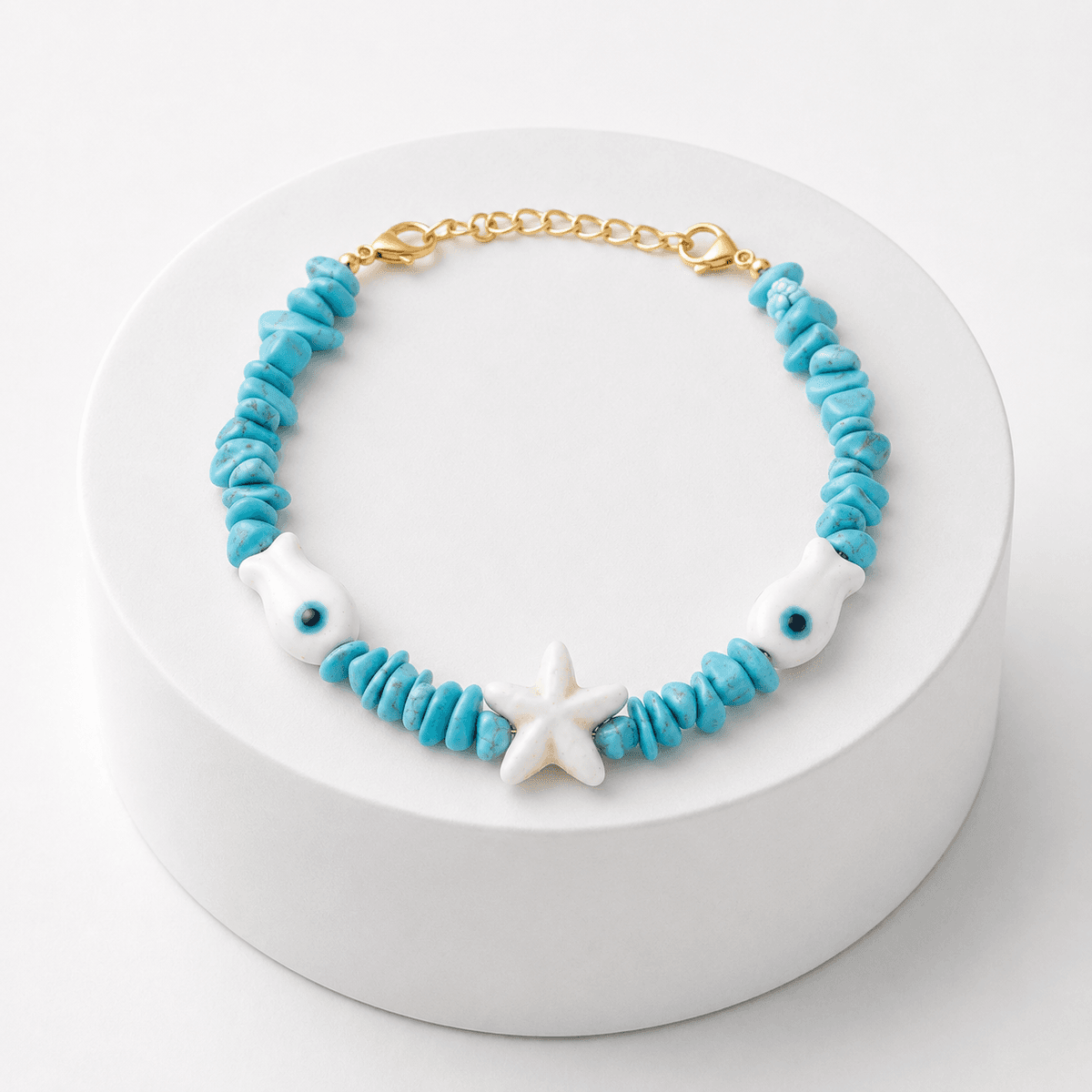 Bracelet Étoile Blanche en Céramique – Perles Turquoise Style Marin Bohème