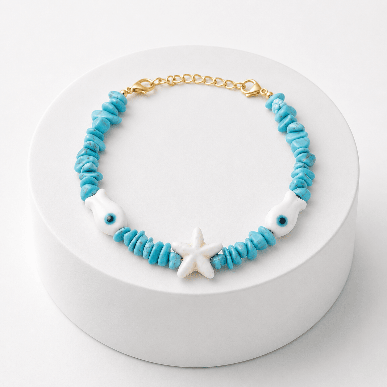 Bracelet Étoile Blanche en Céramique – Perles Turquoise Style Marin Bohème