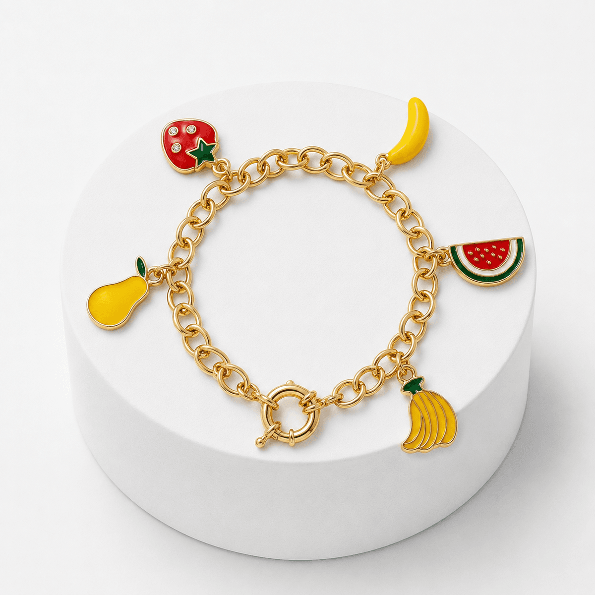 Bracelet Charms Fruits en Acier Inoxydable Doré – Bijou Coloré & Tendance