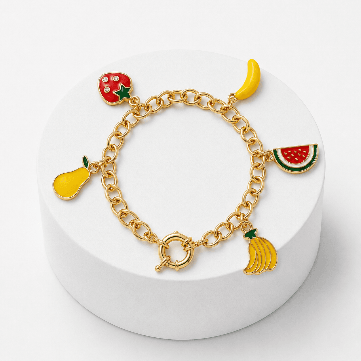 Bracelet Charms Fruits en Acier Inoxydable Doré – Bijou Coloré & Tendance