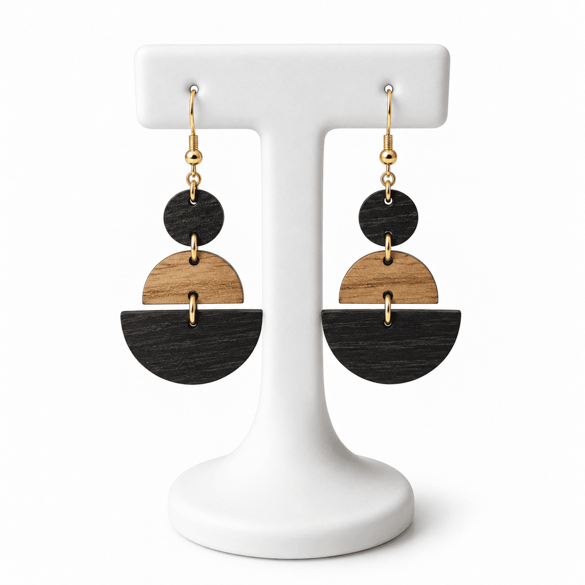 Boucles d’Oreilles en Bois Naturel Femme – Design Géométrique Noir et Bois, Style Artisanal