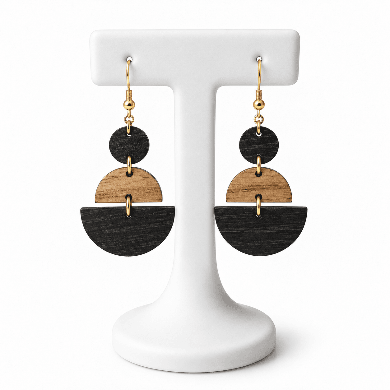 Boucles d’Oreilles en Bois Naturel Femme – Design Géométrique Noir et Bois, Style Artisanal