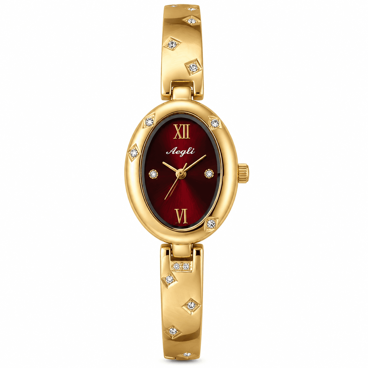 Montre Femme Aogilt Dorée – Cadran Ovale Bordeaux avec Chiffres Romains