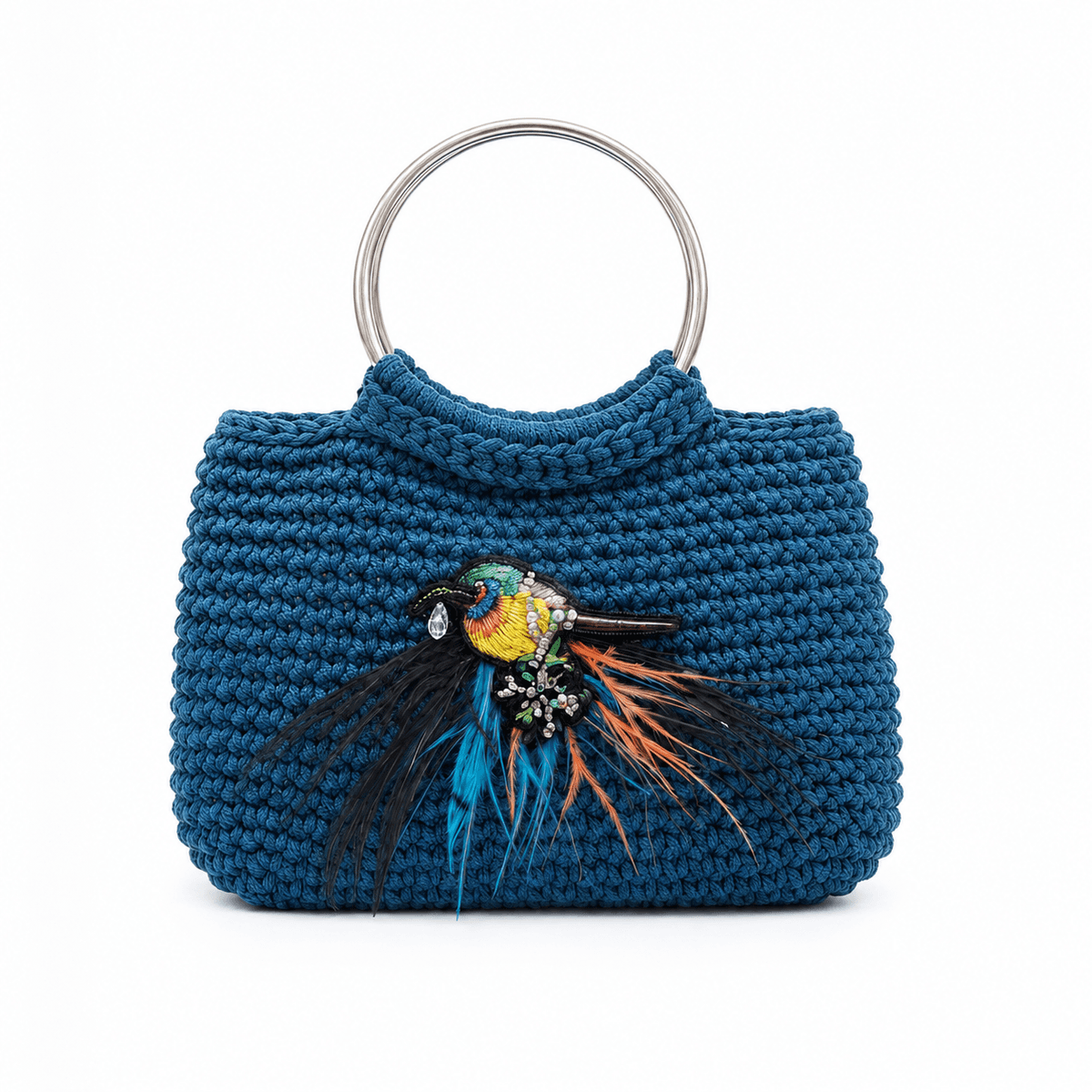 Sac à Main en Crochet Fait Main Bleu – Modèle Bohème avec Broderie Oiseau