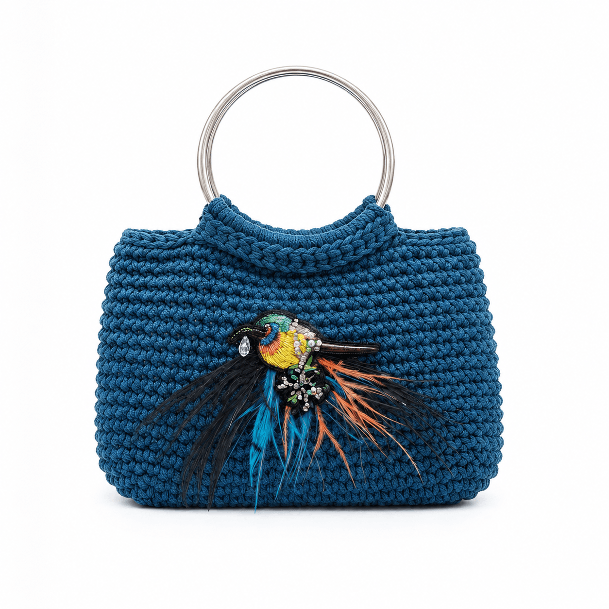 Sac à Main en Crochet Fait Main Bleu – Modèle Bohème avec Broderie Oiseau