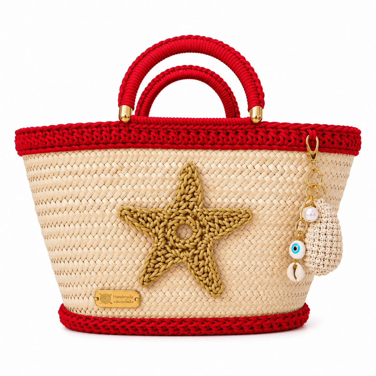 Couffin Femme en Paille & Crochet Rouge Fait Main – Sac Bohème Chic avec Étoile Dorée