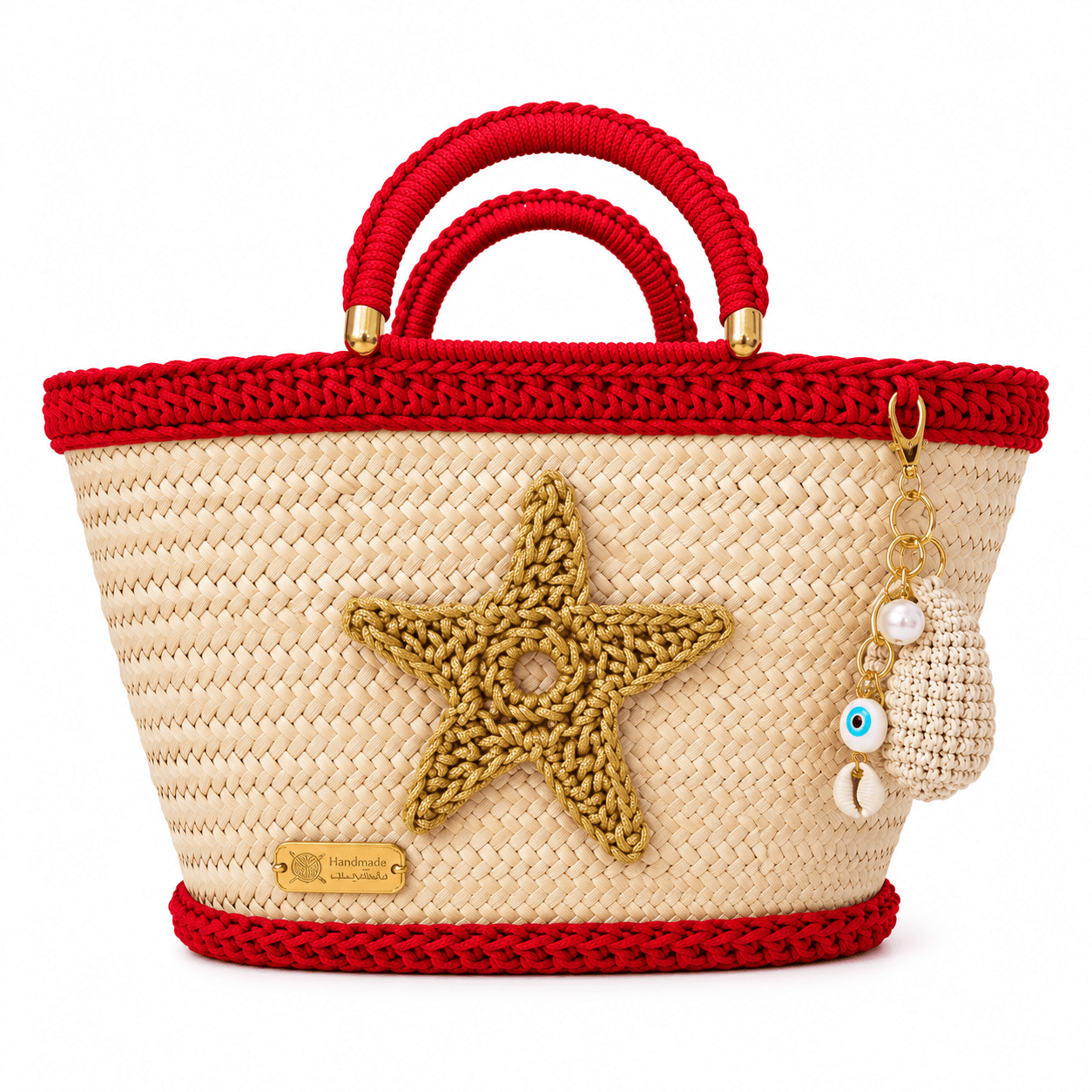 Couffin Femme en Paille & Crochet Rouge Fait Main – Sac Bohème Chic avec Étoile Dorée