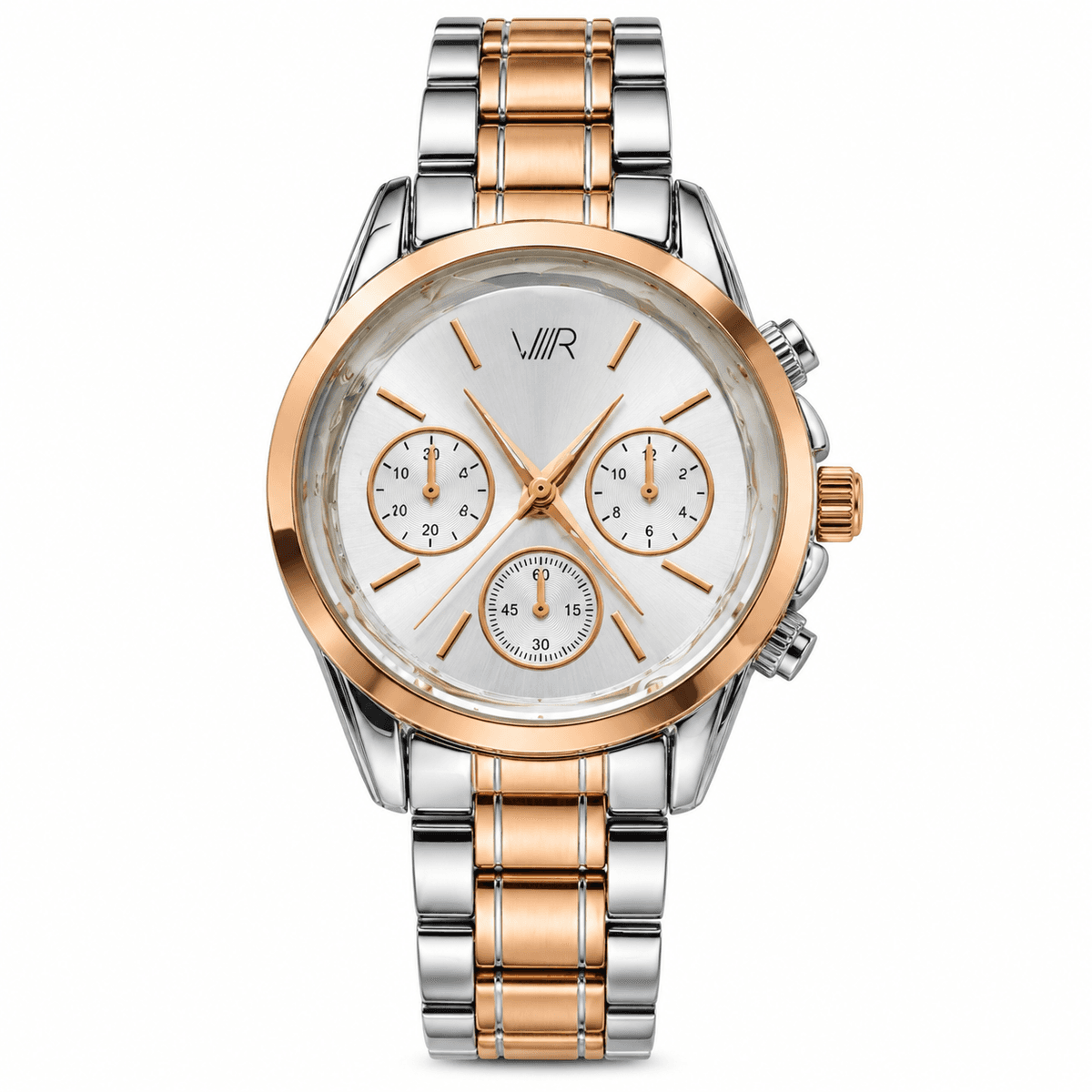 Montre Chronographe Unisexe Dorée & Argentée – Cadran Blanc Nacré et Bracelet Acier