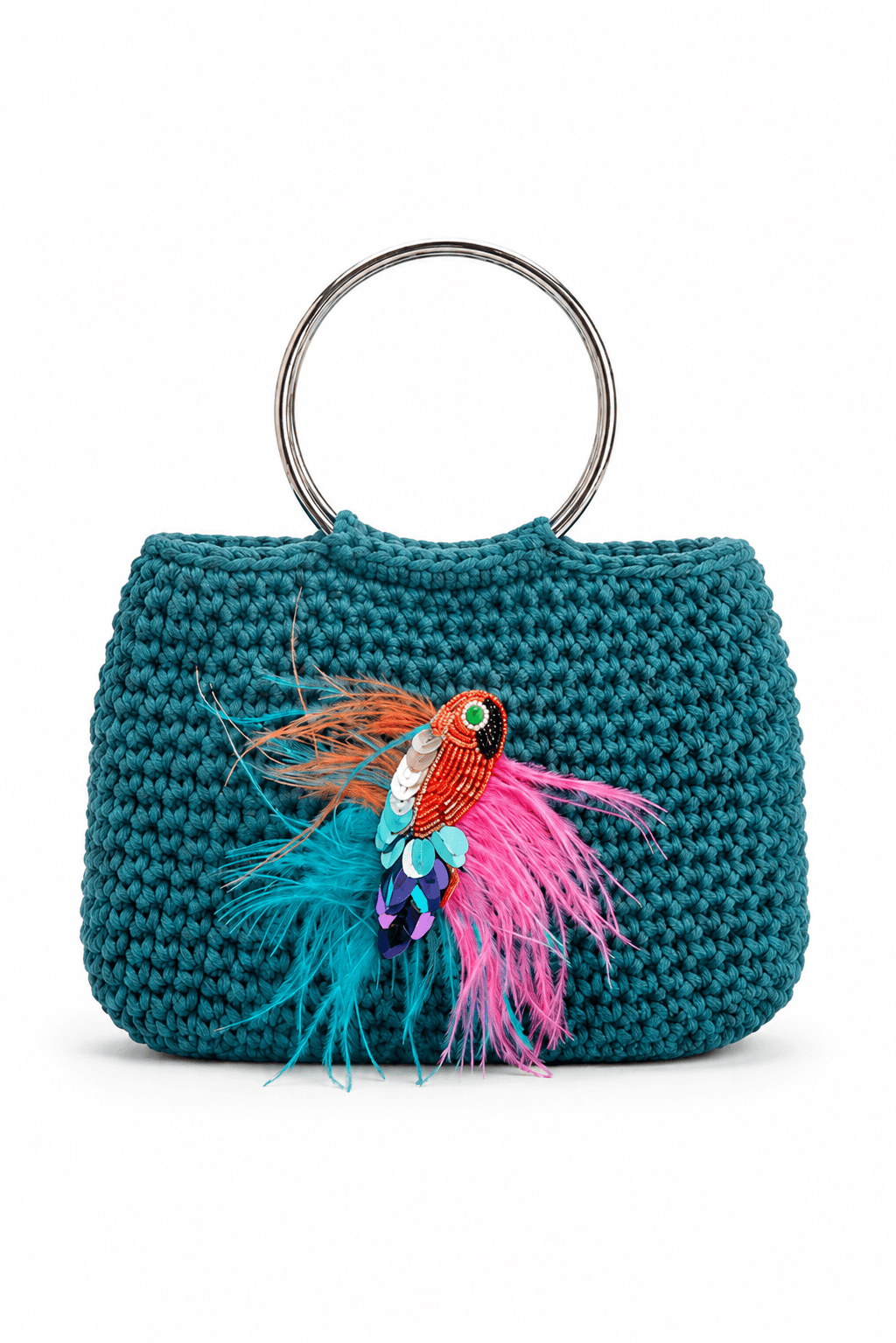 Sac à Main en Crochet Bleu Canard Fait Main – Modèle Bohème Chic avec Oiseau Brodé