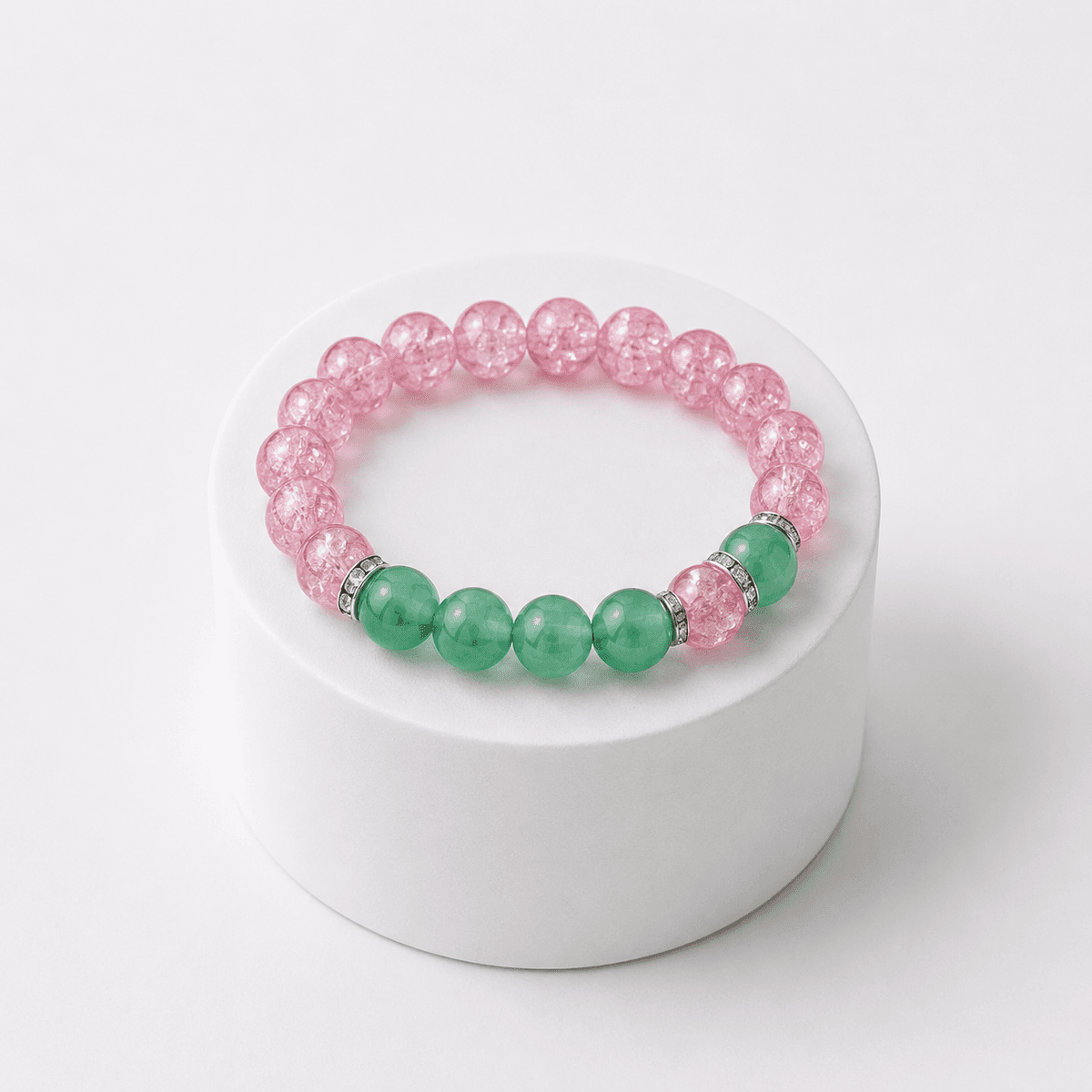 Bracelet Femme Sweet Bloom en Perles Rose Pastel et Vert Naturel â Taille Adaptable