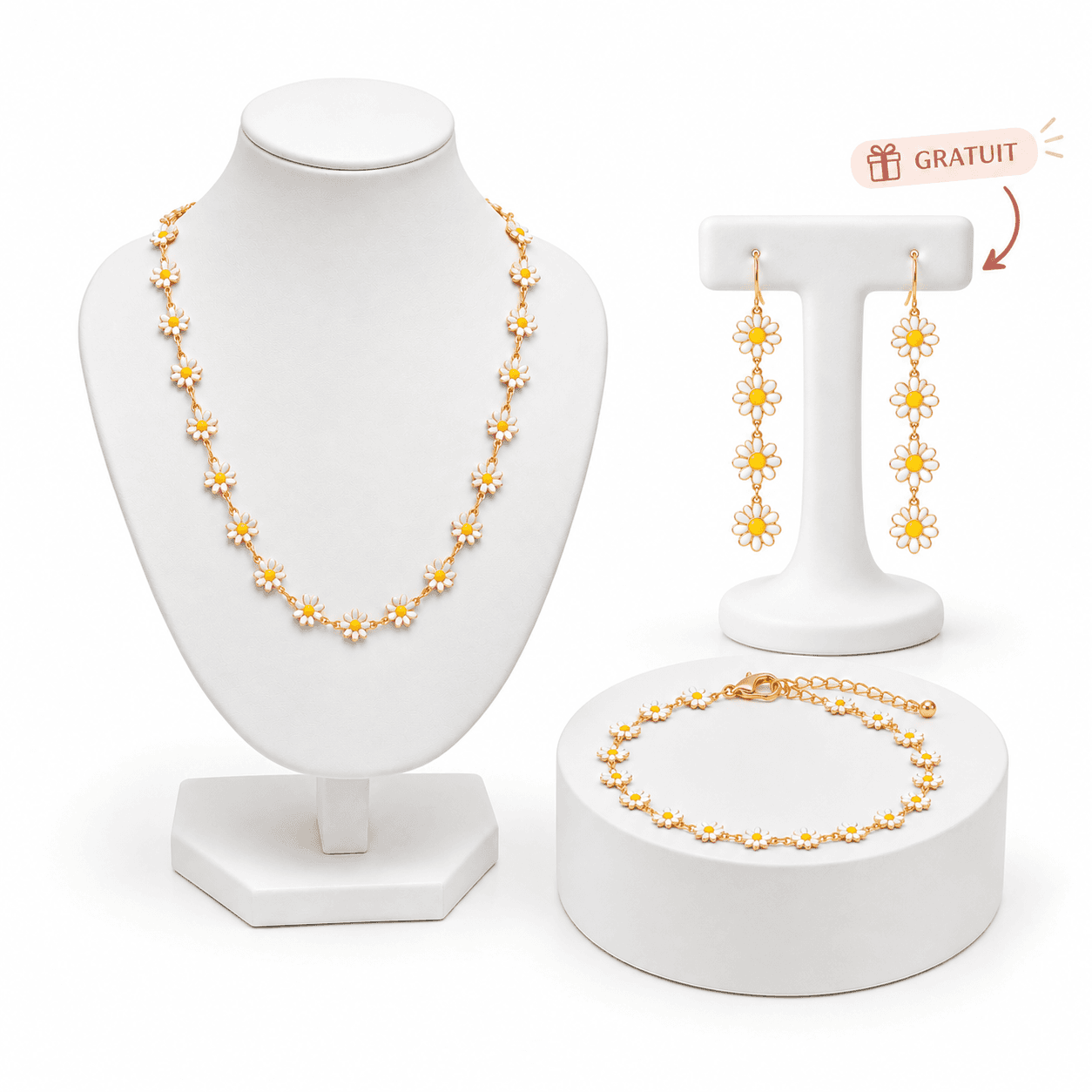 Parure Bijoux Femme Dorée à Fleurs Blanches et Jaunes – Collier, Bracelet et Boucles d’Oreilles Offertes