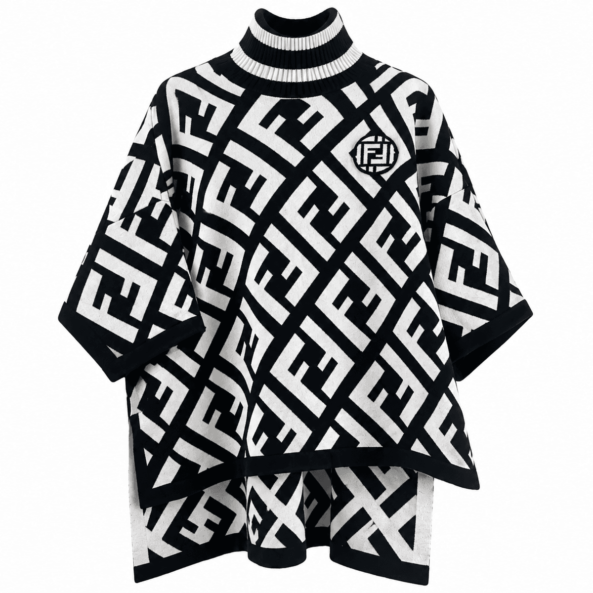 Pull Poncho Femme Noir et Blanc en Laine – Manches 3/4, Taille Standard
