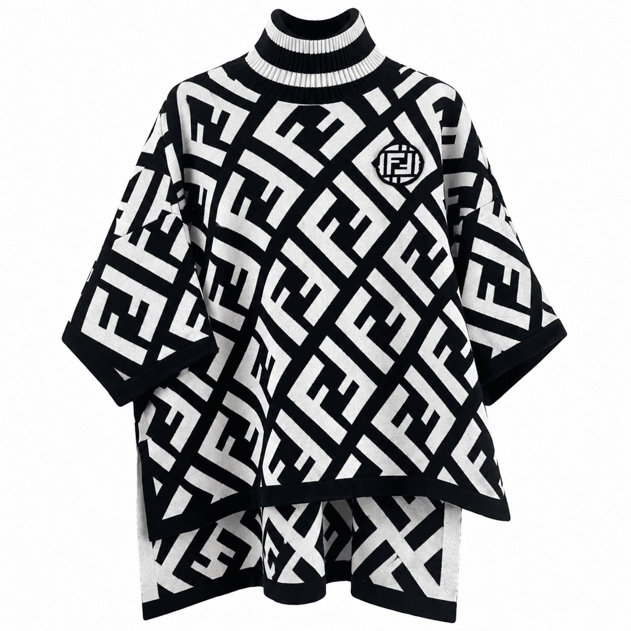 Pull Poncho Femme Noir et Blanc en Laine â Manches 3/4, Taille Standard
