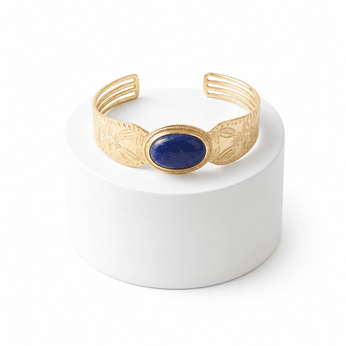 Bracelet Jonc Doré en Acier Inoxydable avec Pierre Bleue – Style Vintage Élégant