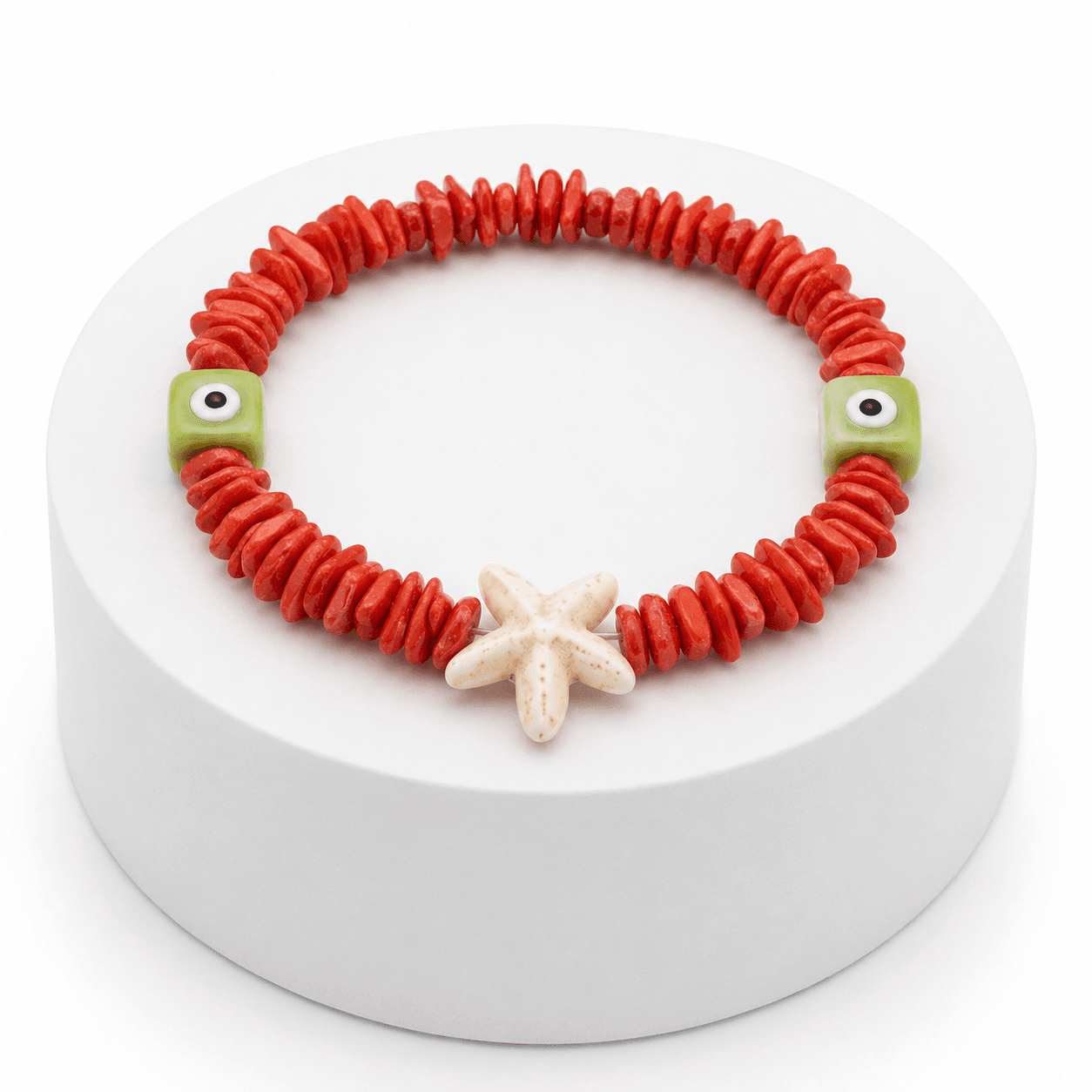 Bracelet ETOILE en Perles Céramique Corail avec Perles Œil Porte-Bonheur Style Bohème Estival