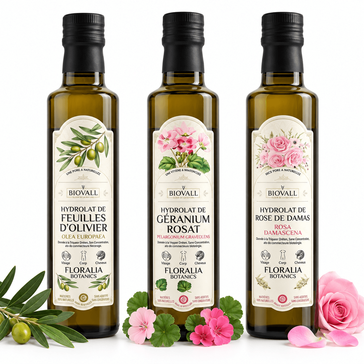 Trio Hydrolats BIOVALL â Pack FraĂźcheur Visage Ă lâOlivier, GĂ©ranium Rosat & Rose de Damas