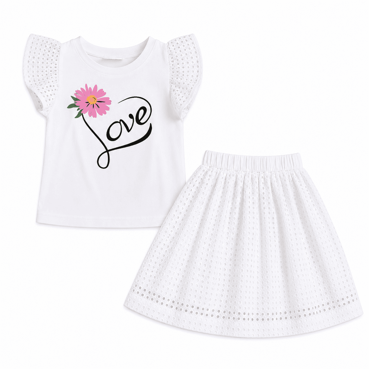 Ensemble 2 Pièces Fille en Coton avec Jupe Brodée – Motif Love