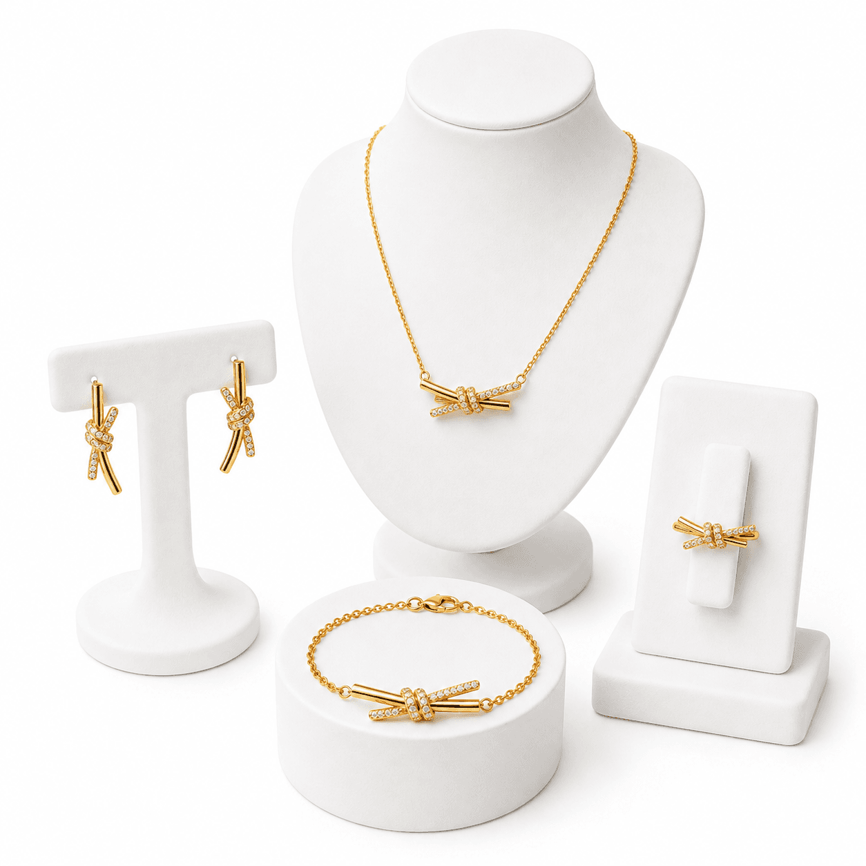 Parure Nœud d’Amour Dorée Femme – 4 Pièces en Acier Inoxydable