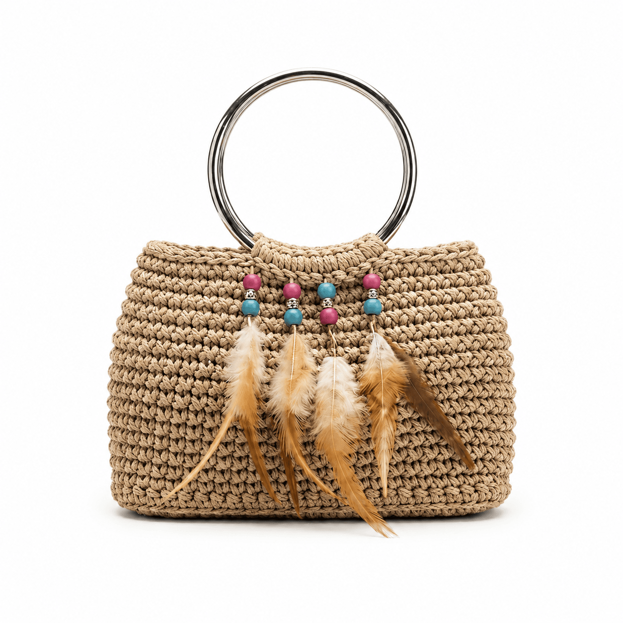 Sac à Main en Crochet Grège Fait Main – Modèle Bohème Chic avec Plumes Décoratives