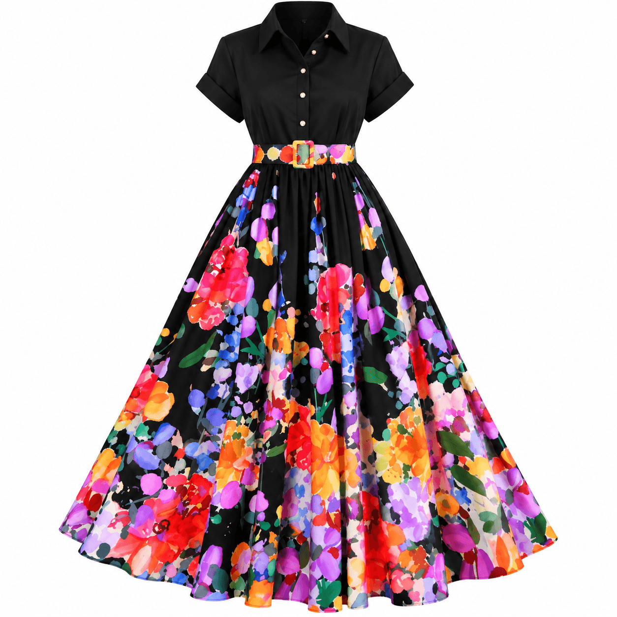Robe Maxi Femme Noire Fleurie à Manches Demi-Longues – Robe Longue avec Ceinture