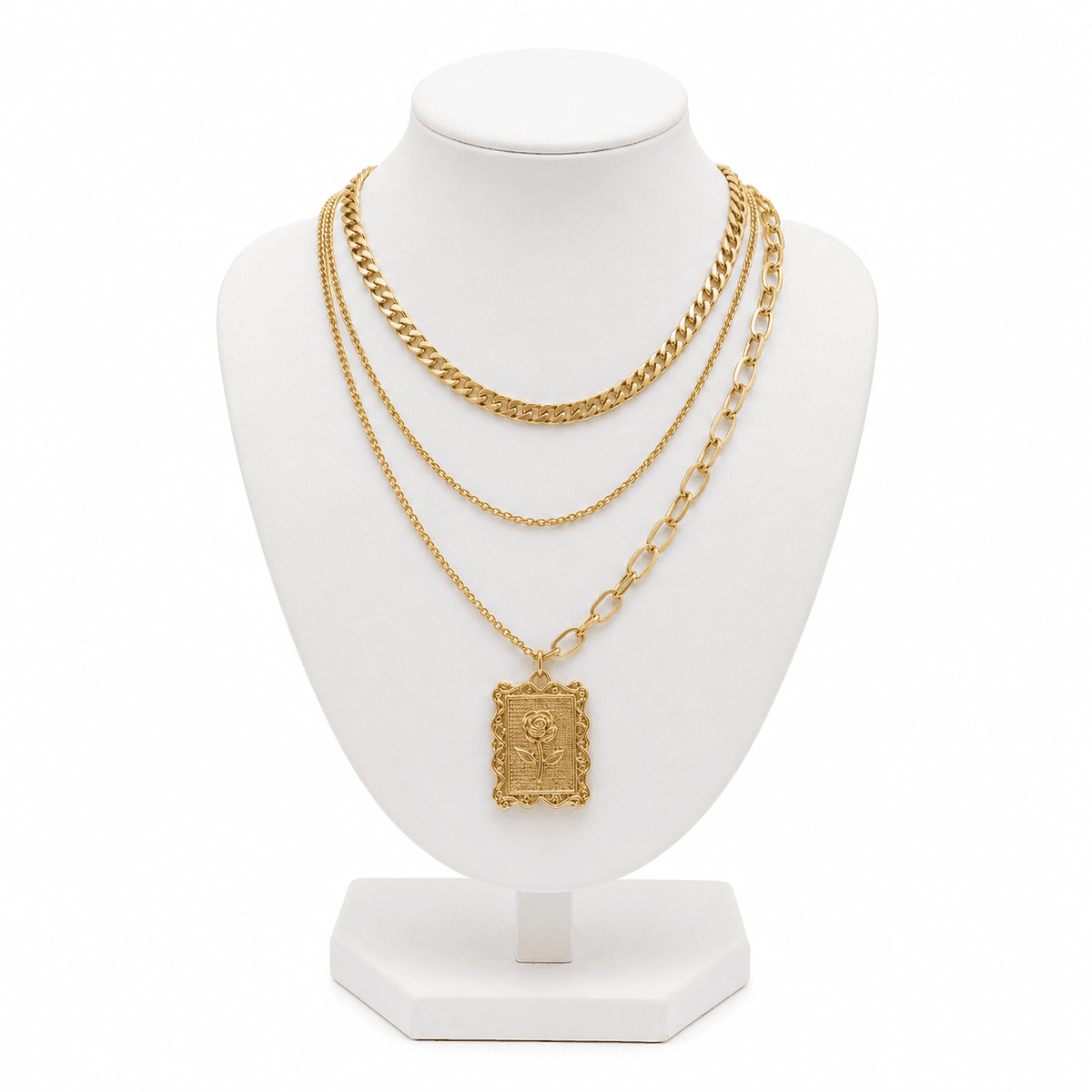 Collier Trio Doré Femme avec Pendentif Rose Antique – Collier Multi-Rangs en Acier Inoxydable