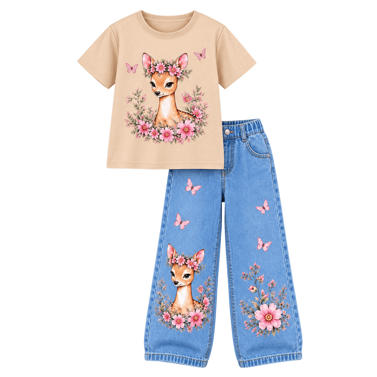 Ensemble Fille T-shirt en Coton et Jean Large à Motifs Cerf et Fleurs – Tenue Décontractée Enfant