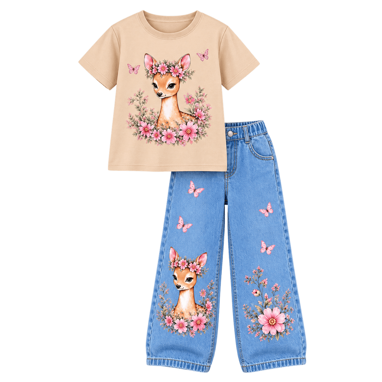 Ensemble Fille T-shirt en Coton et Jean Large à Motifs Cerf et Fleurs – Tenue Décontractée Enfant