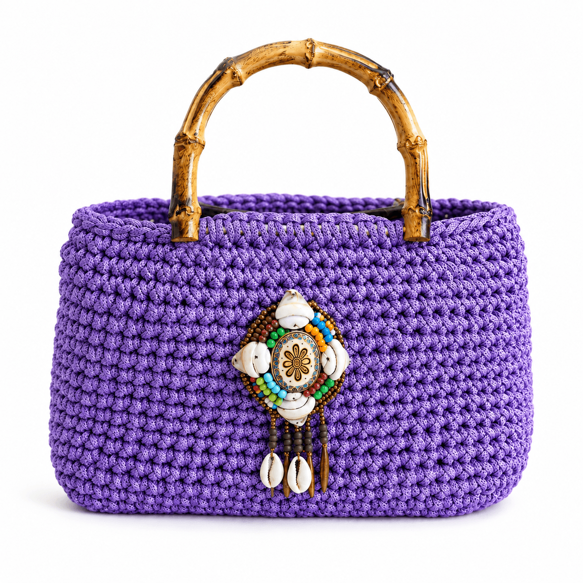 Sac à Main Femme en Crochet Violet Fait Main – Cabas Bohème avec Anses Bambou