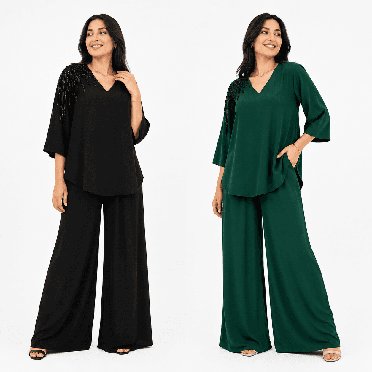 Ensemble Femme Chic 2 Pièces – Tunique Fluide & Pantalon Large Élégant
