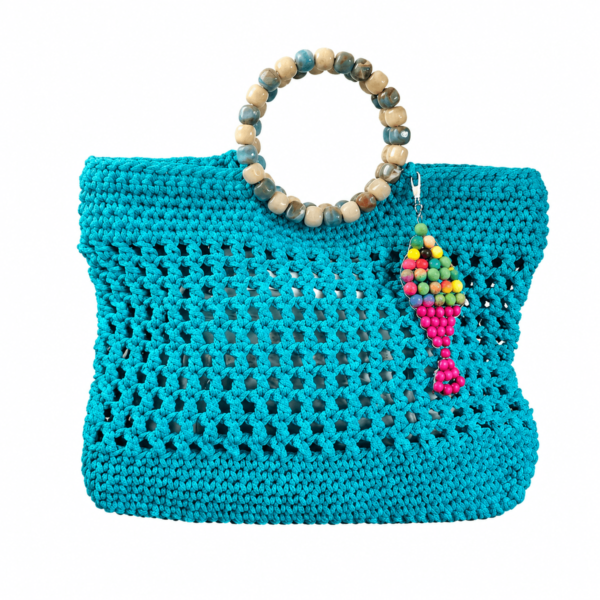 Sac de Plage Femme en Crochet Fait Main – Sac Turquoise avec Anse en Perles