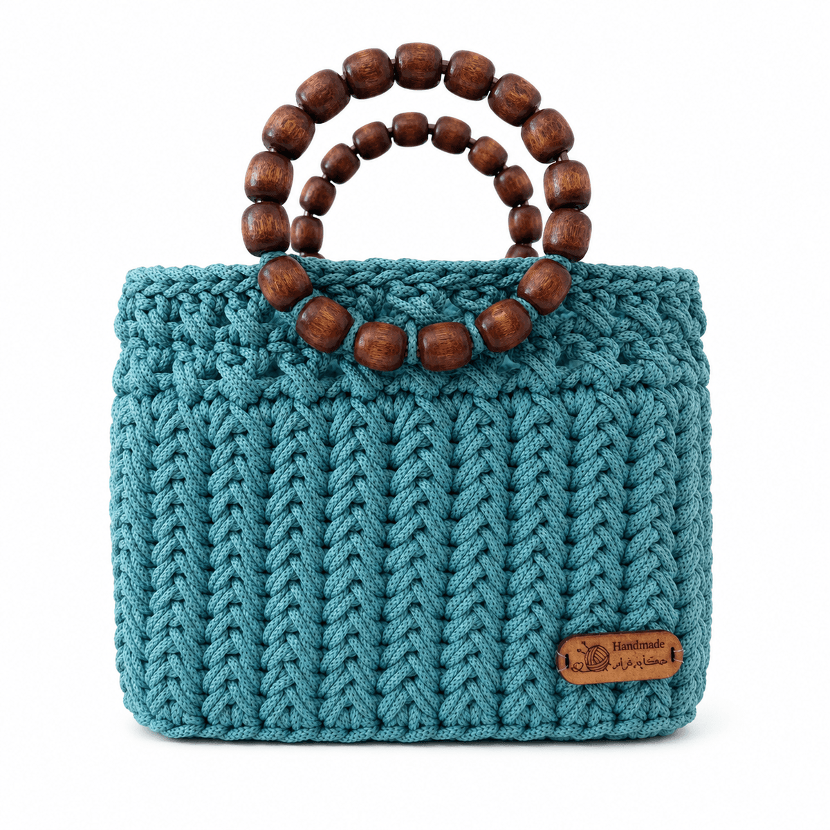 Sac à Main en Crochet Bleu Fait Main avec Anses en Bois – Élégance Artisanale